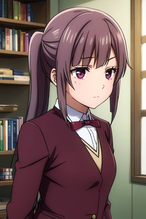 long burgundy hair tied in a pigtail, gray plaid skirt, burgundy eyes, eye patch on the right eye, and a long green blazer.