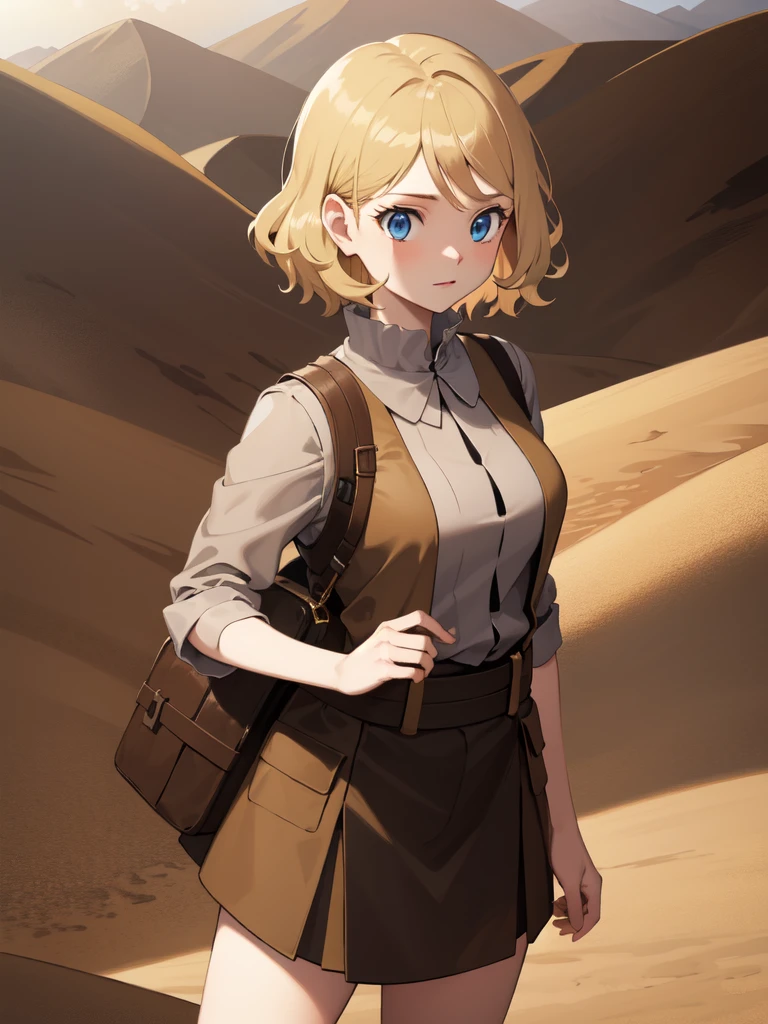 gonzarez, masterpiece, Serenaj, 1girl, hair, blonde hair, blue eyes, short hair, desert outfit, desert background