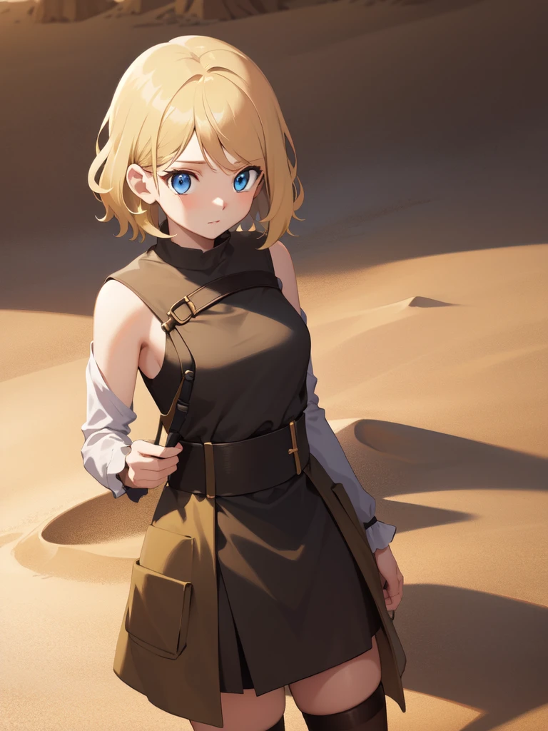gonzarez, masterpiece, Serenaj, 1girl, hair, blonde hair, blue eyes, short hair, desert outfit, desert background