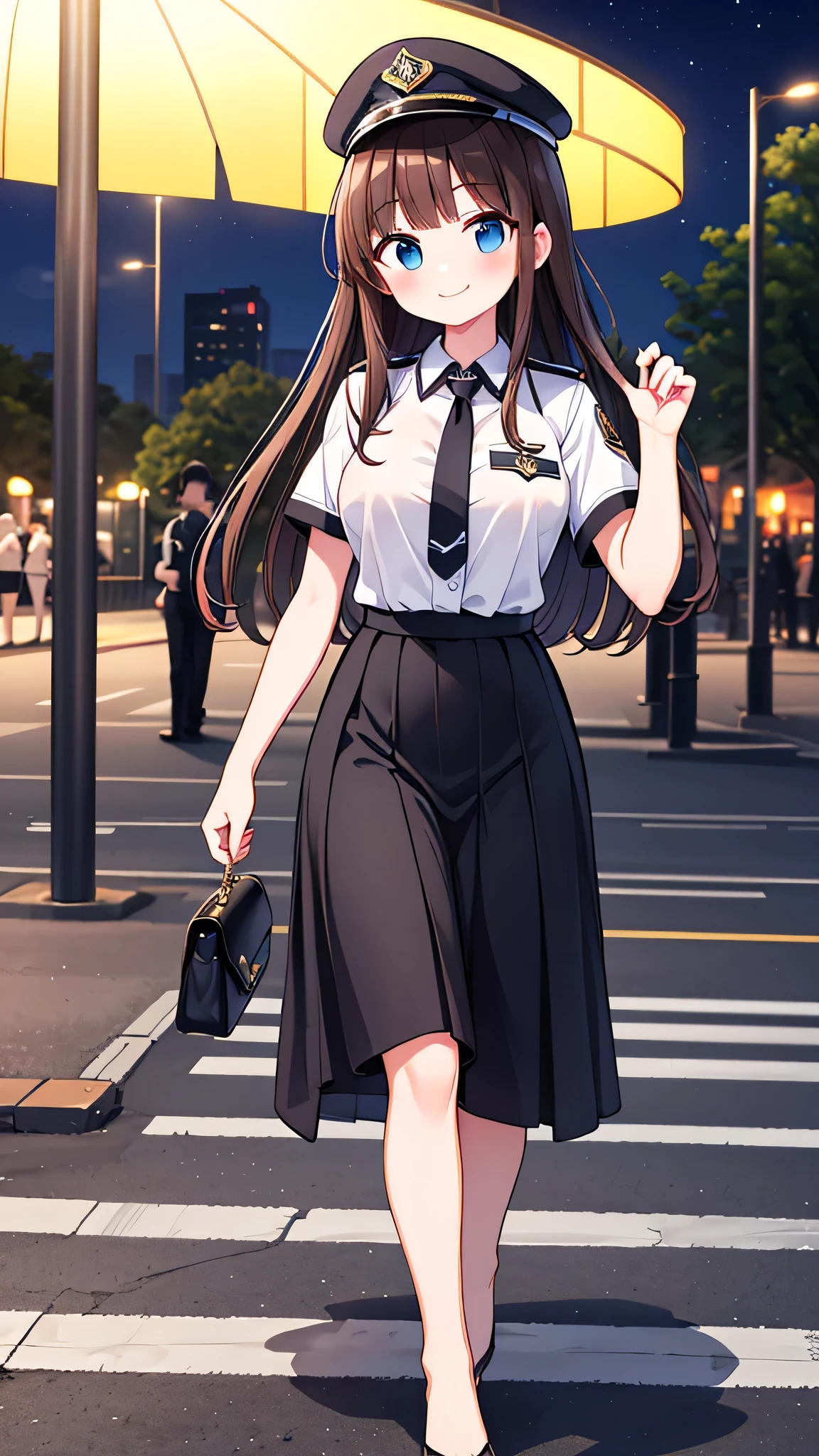 {highest quality], [Super beautiful], [Ultra fine], [Best illustration], NSFW,Brown Hair, Hime cut, Long Hair, With bangs, girl, Uniform cap,Security uniform, smile, blush, Slender women,Short sleeve,Long straight skirt, Adult women,walk,(Public）Night Park, diagonal,Bare feet and pumps, Plain black pumps