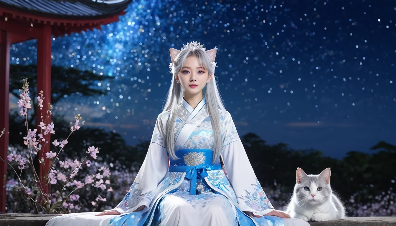 highest quality,Delicate animation illustrations,Beautiful world,Colorful flowers々,Feel the light and the breeze,Beautiful night sky,The Milky Way feels so close,A beautiful silver cat is sitting looking up at the sky,A beautiful shrine maiden in her twenties with silver hair and blue eyes stands next to the cat.,Beautiful costumes with intricate embroidery and lace,Beautiful aura,