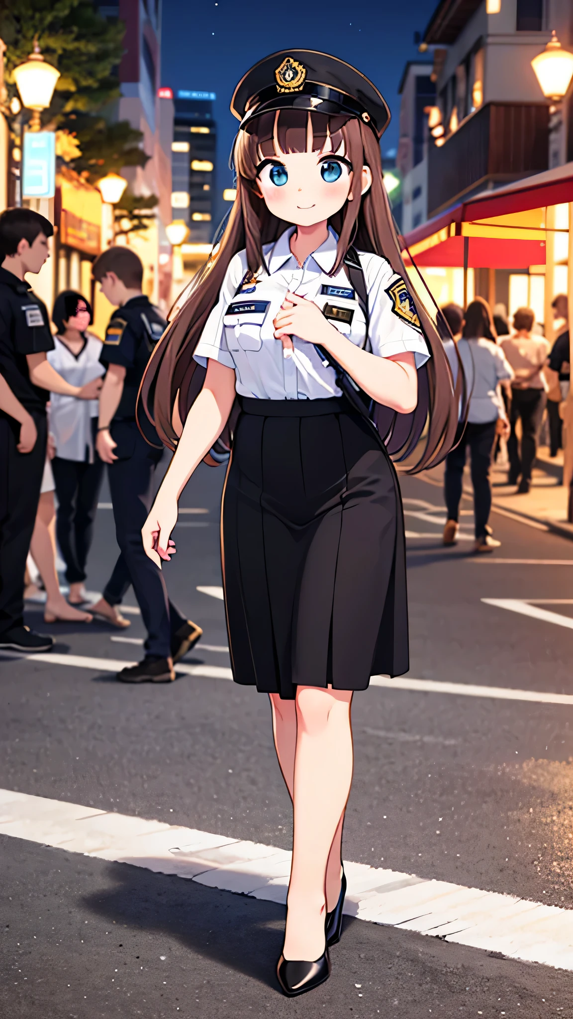 {highest quality], [Super beautiful], [Ultra fine], [Best illustration], NSFW,Brown Hair, Hime cut, Long Hair, With bangs, girl, Uniform cap,Security uniform, smile, blush, Slender women,Short sleeve,Long straight skirt, Adult women,walk,(Public）Night Park, diagonal,Bare feet and pumps, Plain black pumps