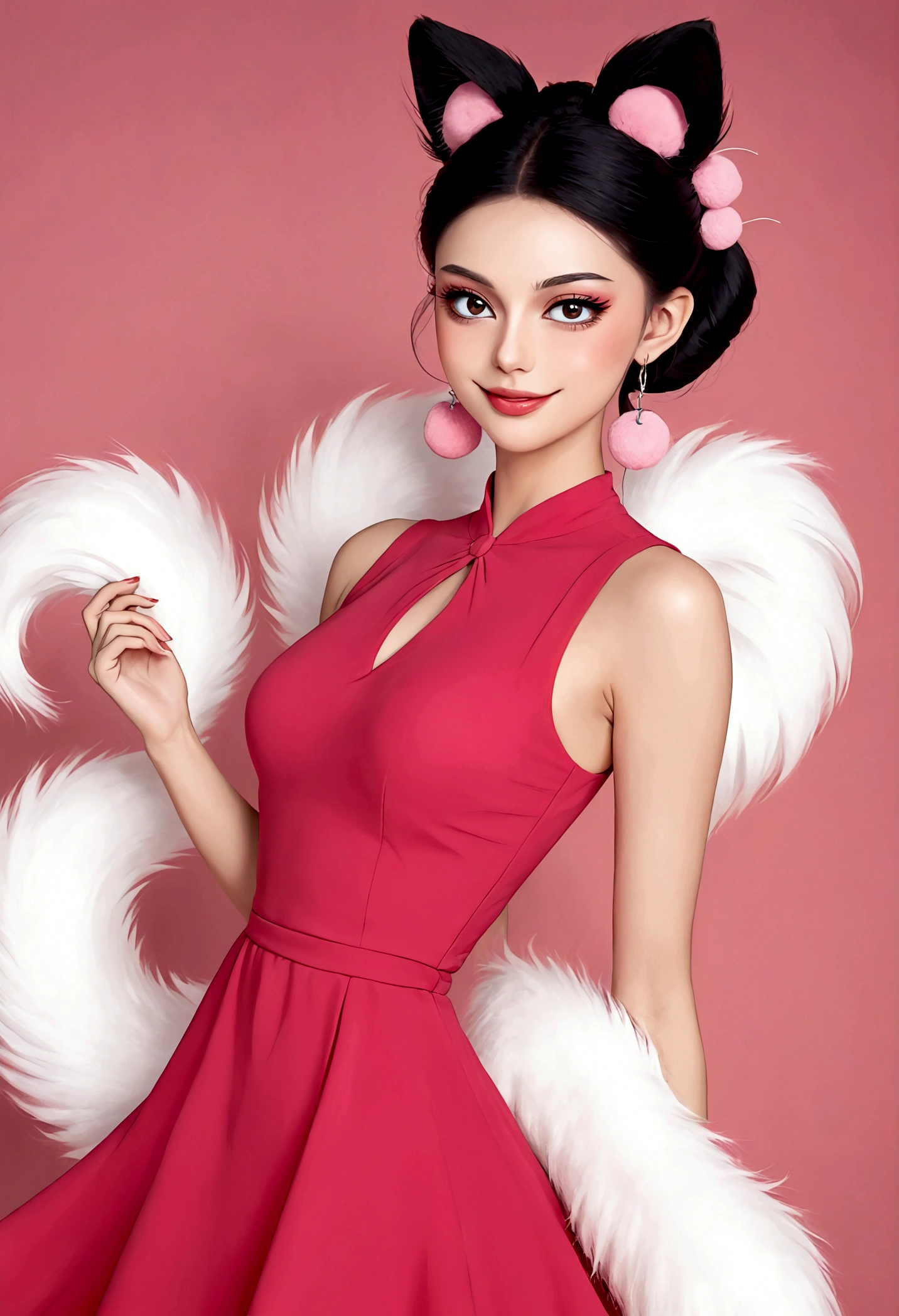 Beautiful face,beautiful eyes,Pink Eyeshadow,Smile,blush,(((9 big, fluffy tails))),Black high bun,Pink pompom earrings,Sexy red sleeveless dress