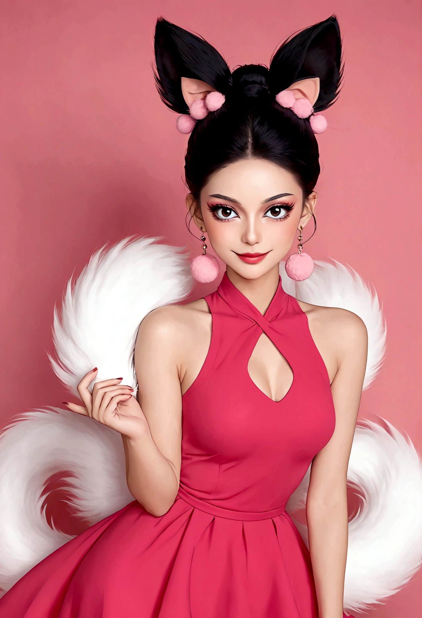 Beautiful face,beautiful eyes,Pink Eyeshadow,Smile,blush,(((9 big, fluffy tails))),Black high bun,Pink pompom earrings,Sexy red sleeveless dress