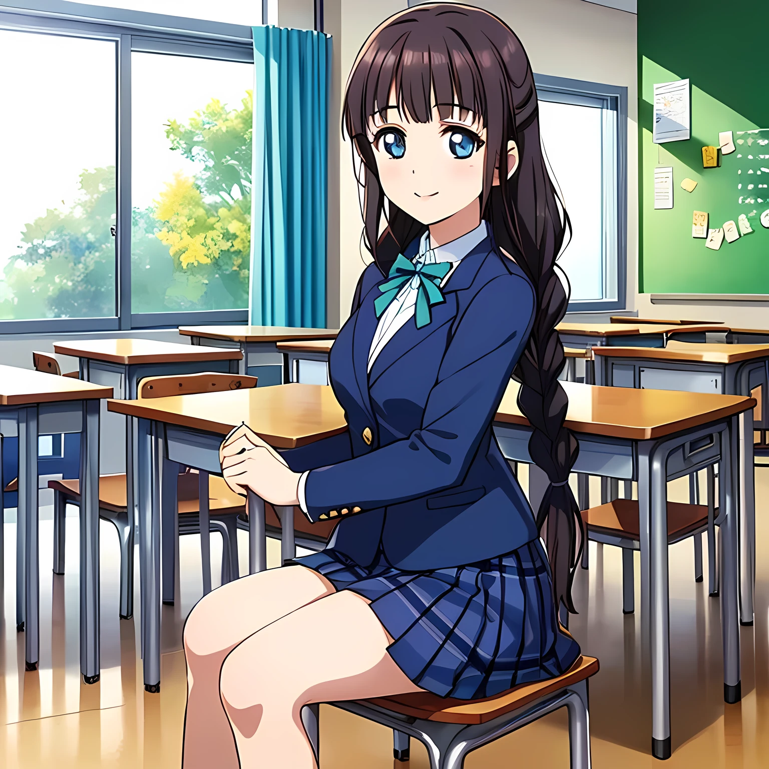 (highest quality, masterpiece:1.2), highest quality, High resolution, 1080p, 8K, Height: 158cm, High-definition anime-style CG, ((The game heroines are very intelligent, very noble, pretty and neat beautiful girls sitting on chairs in school classrooms.、Looking back and smiling gently)), He tries to hide his shocked mouth with his hands., A face that everyone loves, Glossy lips, Even bangs, Double, Long eyelashes on both the top and bottom, Wide-open blue eyes, detailed in detail, The very large red shiny wide ribbon bowtie is very cute., ((Black Hair)), ((long twin braids)), (((A long, neat, dark navy blue checked pleated skirt))), (((Dark blue winter long sleeve blazer))), How to wear a neat uniform, Extremely lustrous, shiny game heroine lips, Mouth open, Ribbon in hair, Tight waist, slender, The ribbon is big and very pretty., Beautiful hair like a hair model