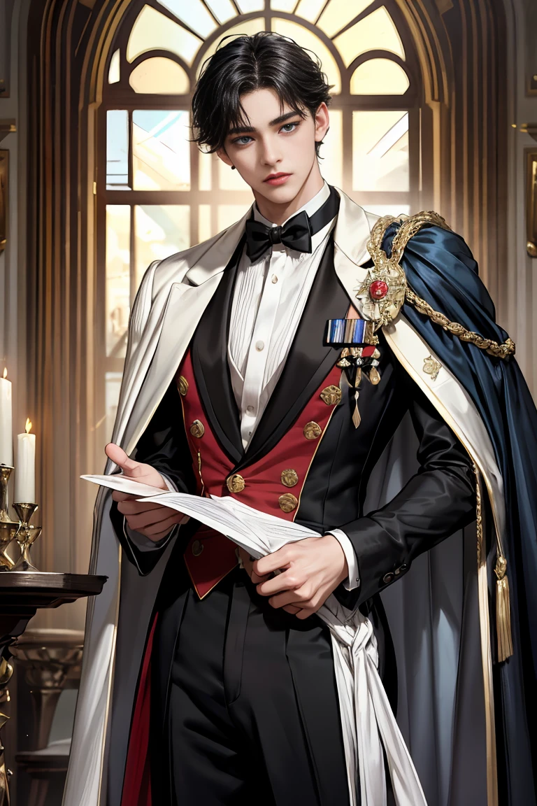 
masterpiece, 最high quality, high quality, 1 boy, alone, Male focus, Watching the audience,  Messy black hair, Adorable big blue eyes, White, Noble, Noble,Sexy voluminous cape、Tuxedo、A very voluminous, large, very large, very large, long, long red and black cape with a high stand-up collar, reaching down to the floor, made of a lot of fabric., ,Cute beautiful boys,Cute, cute, kind, handsome guy