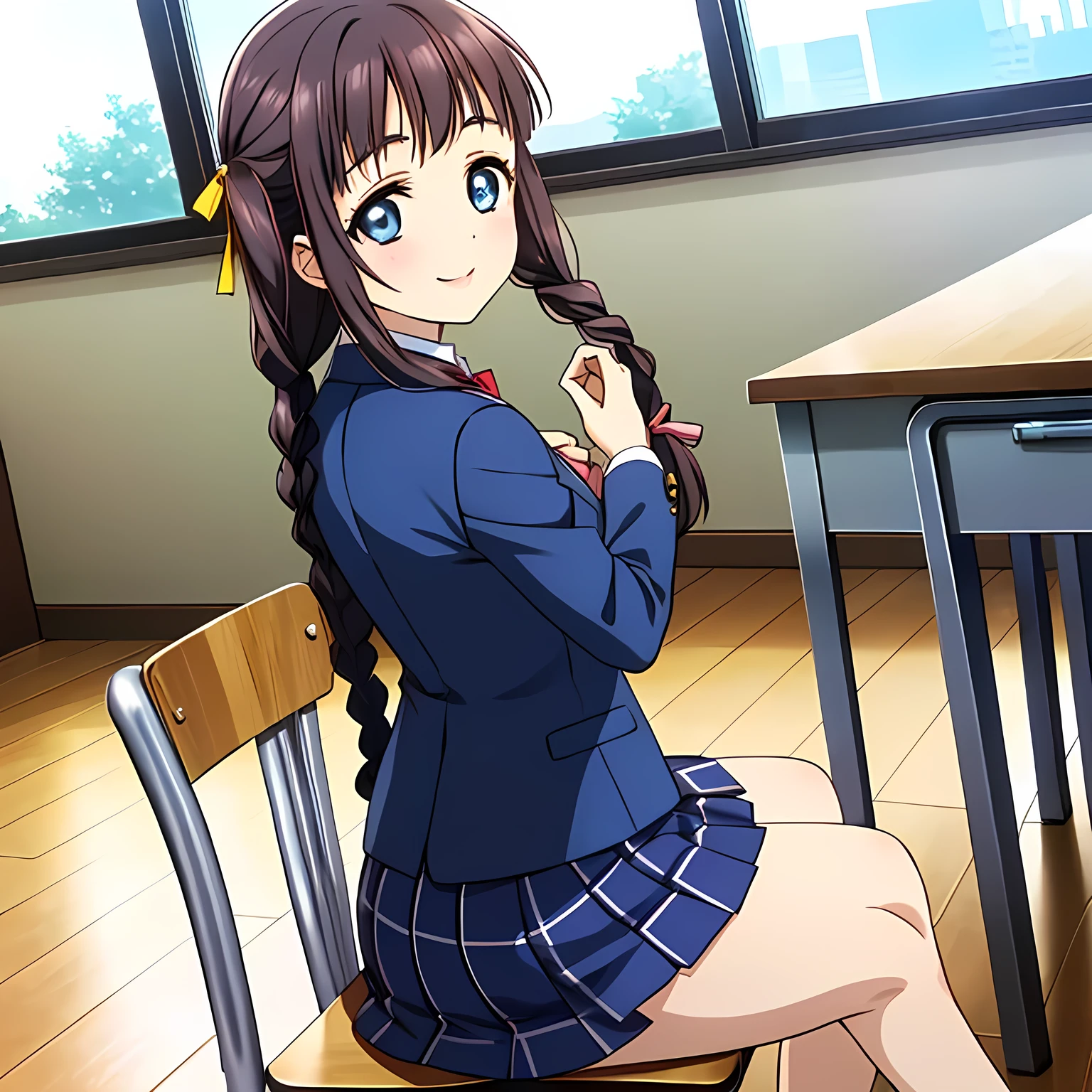 (highest quality, masterpiece:1.2), highest quality, High resolution, 1080p, 8K, Height: 158cm, High-definition anime-style CG, ((The game heroines are very intelligent, very noble, pretty and neat beautiful girls sitting on chairs in school classrooms.、Looking back and smiling gently)), He tries to hide his shocked mouth with his hands., A face that everyone loves, Glossy lips, Even bangs, Double, Long eyelashes on both the top and bottom, Wide-open blue eyes, detailed in detail, The very large red shiny wide ribbon bowtie is very cute., ((Black Hair)), ((long twin braids)), (((A long, neat, dark navy blue checked pleated skirt))), (((Dark blue winter long sleeve blazer))), How to wear a neat uniform, Extremely lustrous, shiny game heroine lips, Mouth open, Ribbon in hair, Tight waist, slender, The ribbon is big and very pretty., Beautiful hair like a hair model