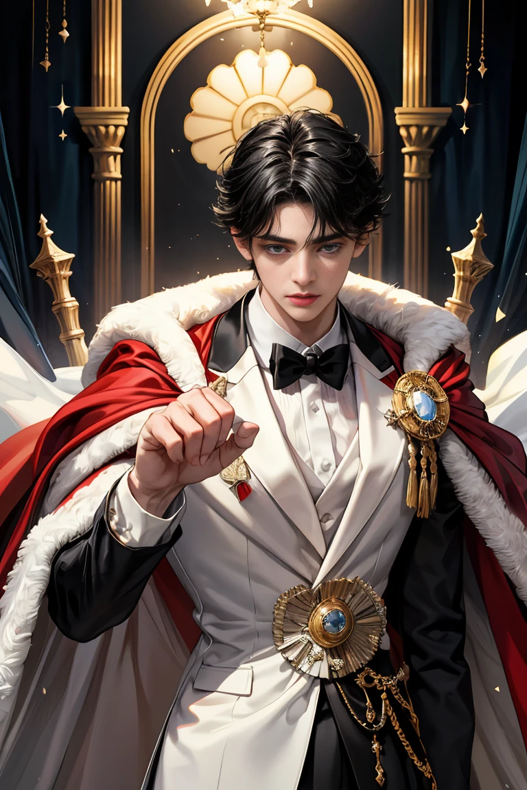 
masterpiece, 最high quality, high quality, 1 boy, alone, Male focus, Watching the audience,  Messy black hair, Adorable big blue eyes, White, Noble, Noble,Sexy voluminous cape、Tuxedo、A very voluminous, large, very large, very large, long, long red and black cape with a high stand-up collar, reaching down to the floor, made of a lot of fabric., 17 years old,Cute beautiful boys,Cute, cute, kind, handsome guy