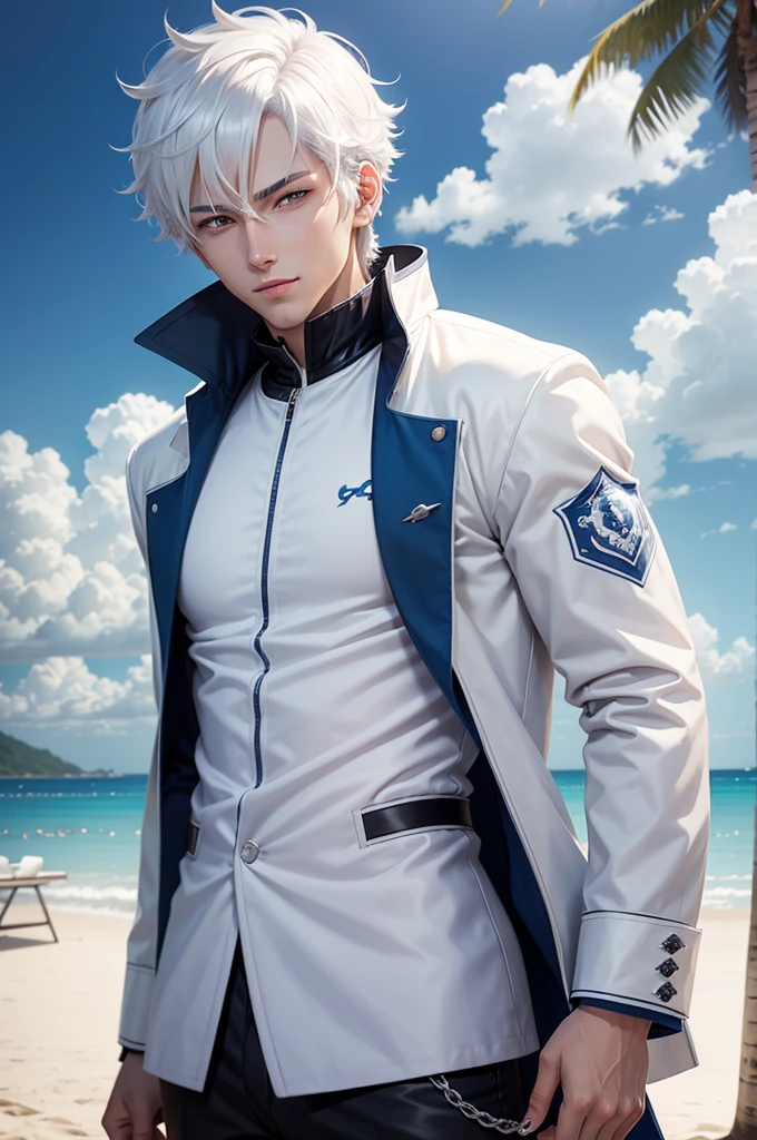 anime character with short hair and a white jacket, with white hair, anime handsome man, wearing king's crown, blue eyes, glowing eyes, royal styled, male anime character, 1boy, solo, suoh mikoto, the beach background, (day), smirk, cowboy shot, dynamic lighting