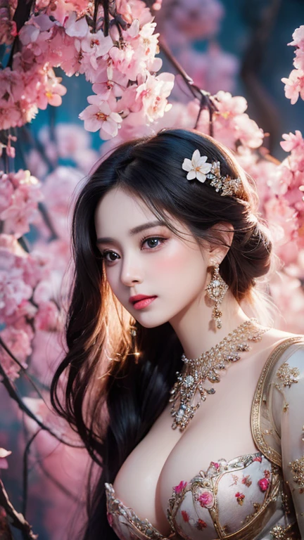stunning beauty, Aesthetic, Oil painting style, thick coating, Women with incomparable style, Exquisite facial makeup, Black hair, long hair and waist, long eyelashes, Dark brown pupil eyes, exquisite nose, Lip balm, Inseparable strands, Beautiful posture, Graceful curves, Plump ideal type, Super special exaggerated huge breast weight, Bold, Elegant, Extravagant artistic acts, romanticism, (Fractal Art), Vibrant colors, Sunny glare smooth skin, Professional photo close-ups, Brutalist design, Explore Victoria's Secret, blush, flower petals, Vivid colors, The most beautiful chaotic shapes, Colorful, Colorful and magnificent, From  above, from the front side