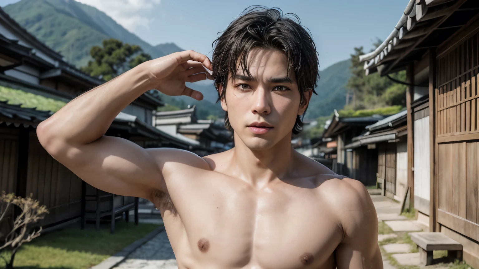 Um homem com duas faces, four arms, quatro pernas, segurando duas espadas um arco e uma flecha, with the background behind him of an ancient Japanese village