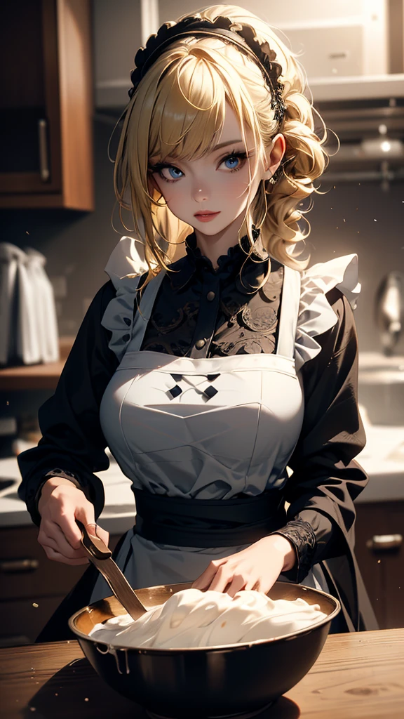 masterpiece, high quality, 4K, Beautiful design, silhouette,blonde, Highly detailed kitchen, wonderful, Finer details, Very knowledgeable woman, Highly detailed solo, 1 female,Big Breasts,Gothic ta Fashion,Wearing a white apron,cooking,