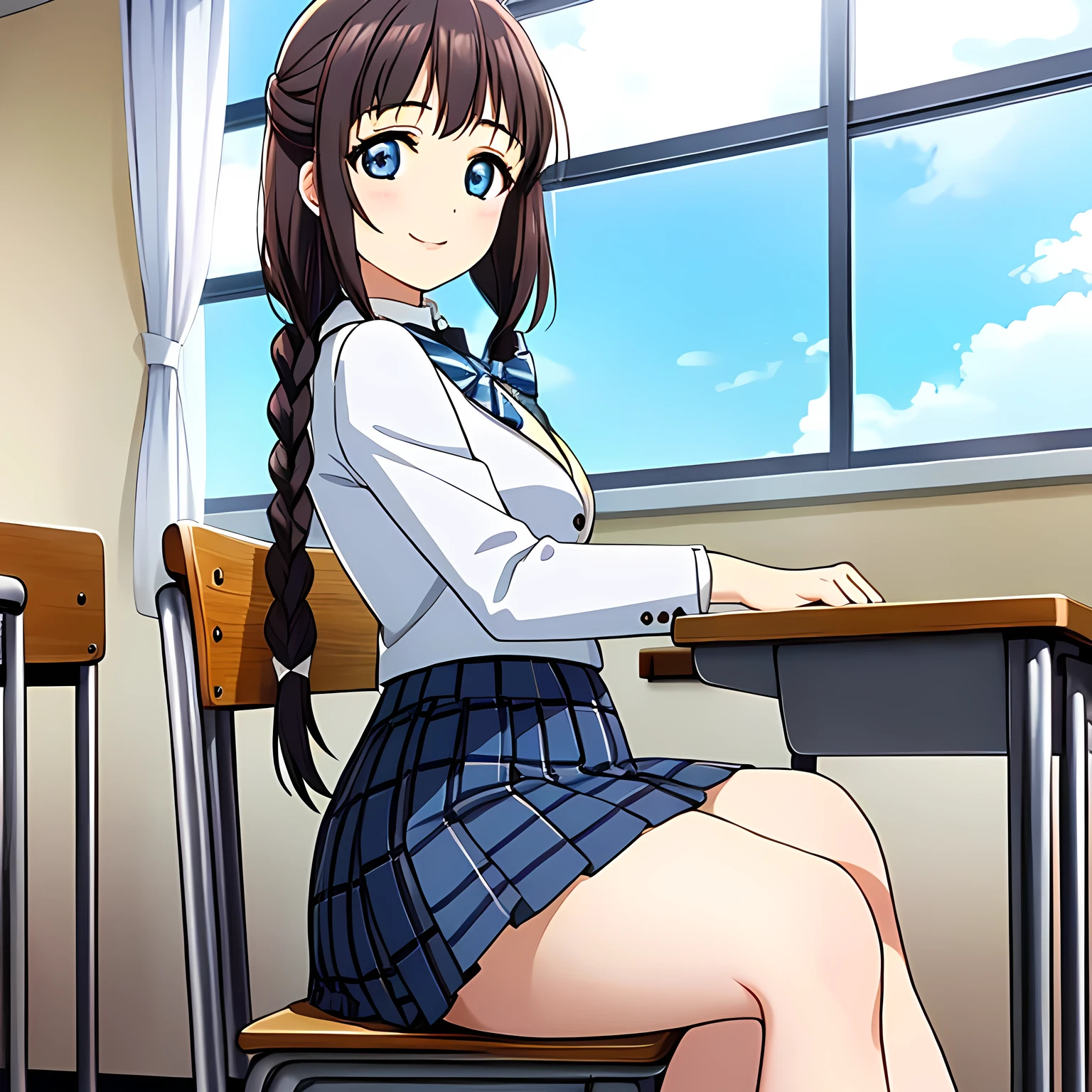 (highest quality, masterpiece:1.2), highest quality, High resolution, 1080p, 8K, Height: 158cm, High-definition anime-style CG, ((The game heroines are very intelligent, very noble, pretty and neat beautiful girls sitting on chairs in school classrooms.、Looking back and smiling gently)), He tries to hide his shocked mouth with his hands., A face that everyone loves, Glossy lips, Even bangs, Double, Long eyelashes on both the top and bottom, Wide-open blue eyes, detailed in detail, The very large red shiny wide ribbon bowtie is very cute., ((Black Hair)), ((long twin braids)), (((A long, neat, dark navy blue checked pleated skirt))), (((Dark blue winter long sleeve blazer))), How to wear a neat uniform, Extremely lustrous, shiny game heroine lips, Mouth open, Ribbon in hair, Tight waist, slender, The ribbon is big and very pretty., Beautiful hair like a hair model