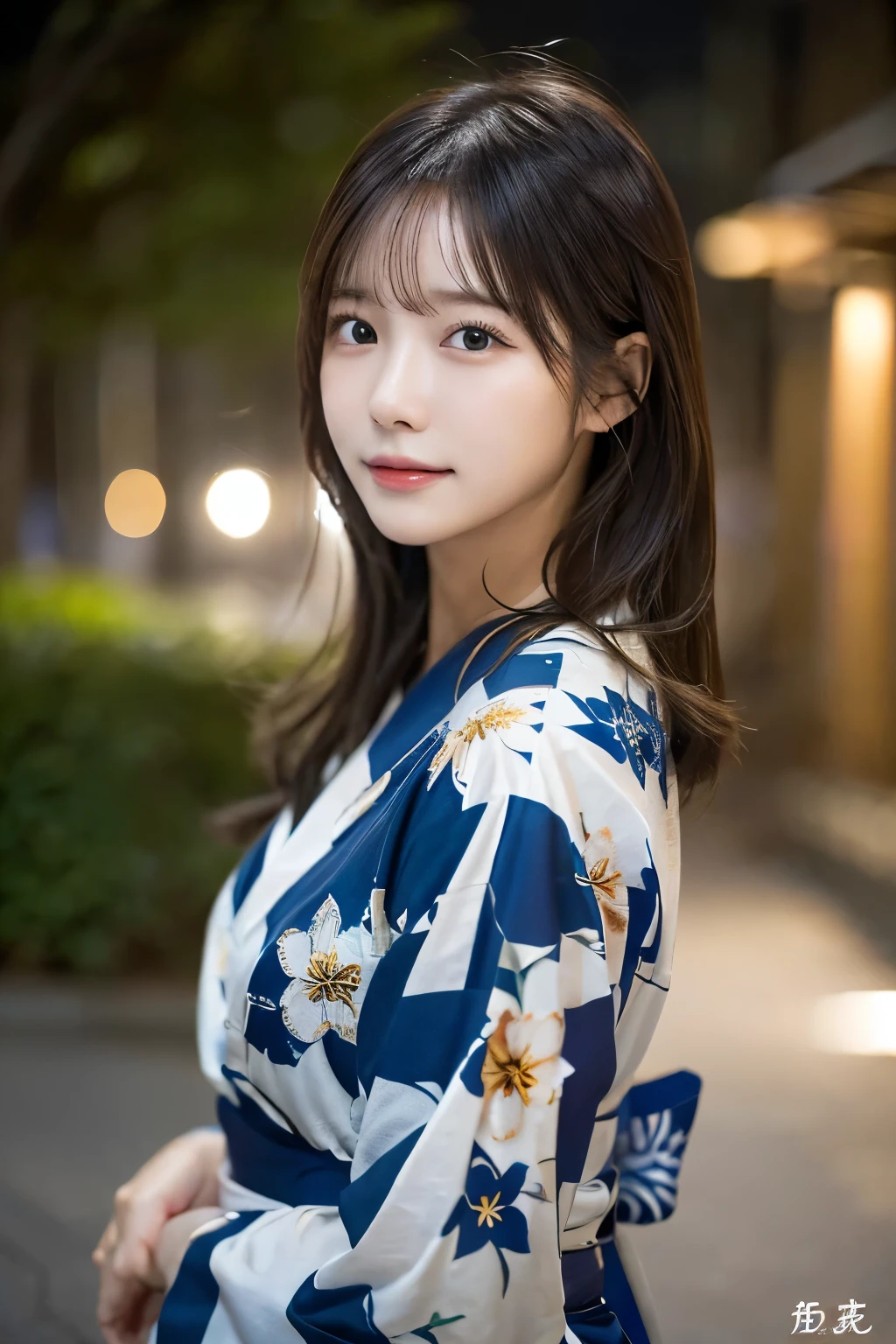Detailed Yukata, Fireworks set off in the background, (highest quality,masterpiece:1.3,超A high resolution,),(Very detailed,Caustics),(Realistic:1.4,RAW shooting,)Ultra-Realistic Capture,Very detailed,High resolution 16K suitable for human skin、 Natural skin texture、、Skin tone is even and healthy looking、 Use natural light and color,One Woman,Japanese,,cute,Medium Hair,(Written boundary depth、chromatic aberration、、Wide range of lighting、Natural Shading、)、(Outdoor lighting at night:1.4)、(Hair swaying in the wind:1)、（Exposure:3.0）