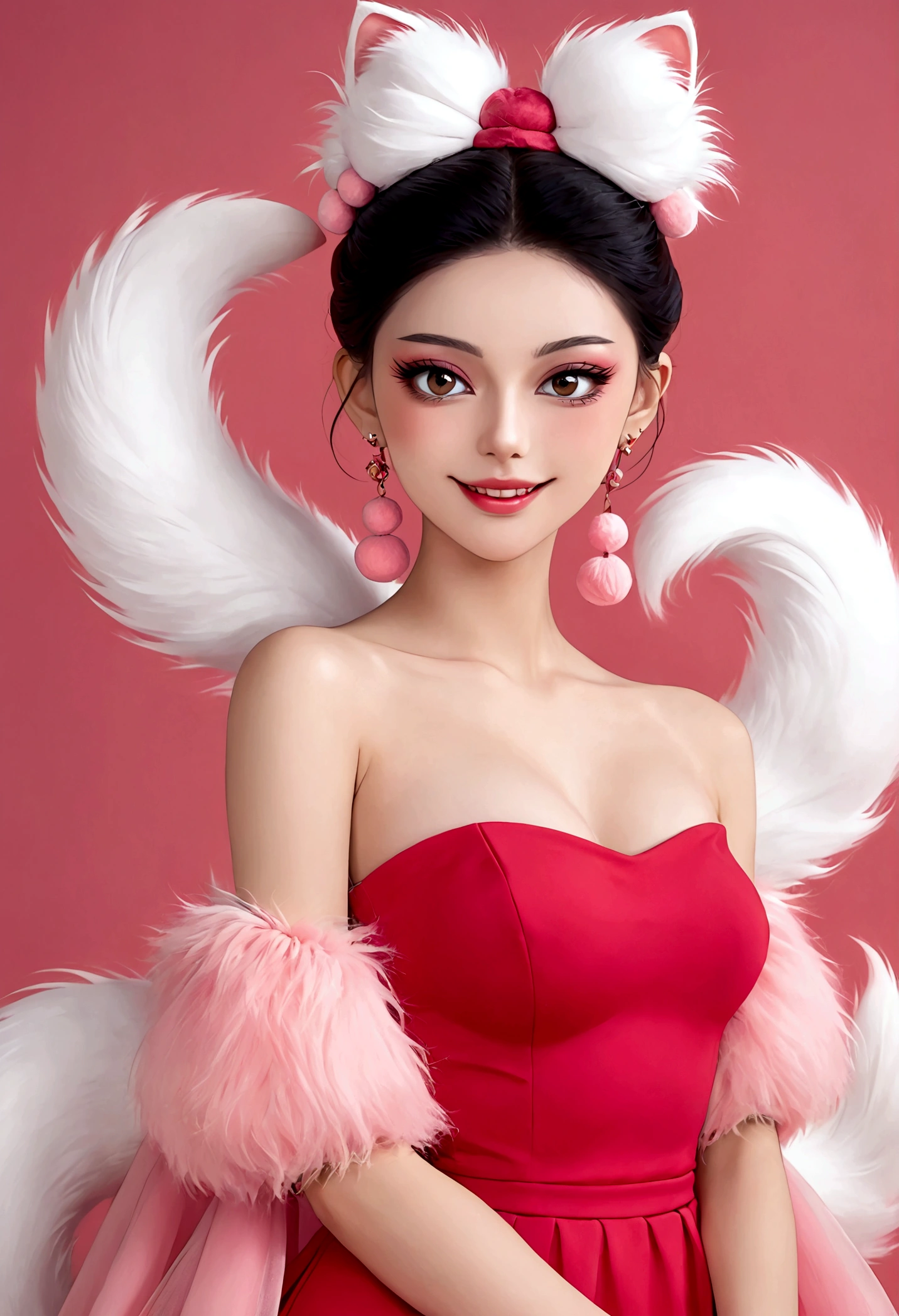 Noble and elegant girl，Beautiful face，beautiful eyes，Pink Eyeshadow，blush，Smile，(((1 big, fluffy tail)))，Black high bun，Pink pompom earrings，Sexy red tube top dress