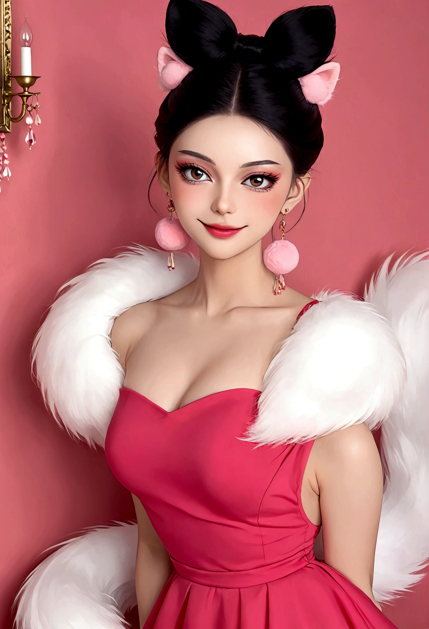 Noble and elegant girl,Beautiful face,beautiful eyes,Pink Eyeshadow,blush,Smile,(((1 big, fluffy tail))),Black high bun,Pink pompom earrings,Sexy red tube top dress
