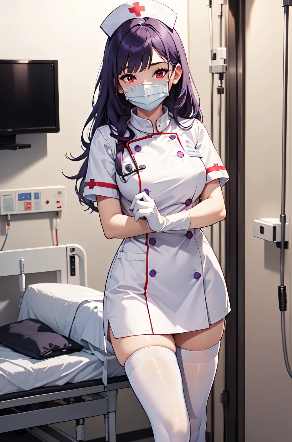 1woman, solo, nurse, white nurse cap, white nurse uniform, ((white legwear, zettai ryouiki)), white gloves, long hair, purple hair, red eyes, ((white surgical mask, covered nose)), standing, ((hospital room)), sharp outline, short sleeves, mature female, 35 years old, best quality, masterpiece