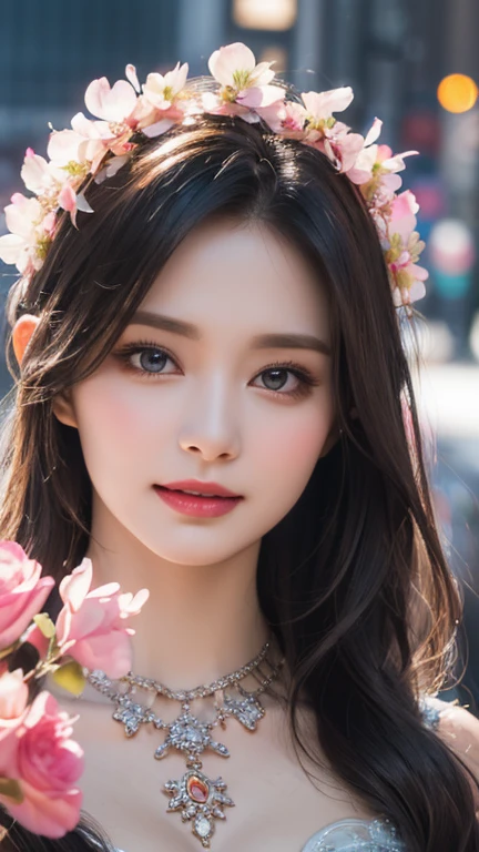 stunning beauty, Aesthetic, Oil painting style, thick coating, Women with incomparable style, Exquisite facial makeup, Black hair, long hair and waist, long eyelashes, Dark brown pupil eyes, exquisite nose, Lip balm, Inseparable strands, Beautiful posture, Graceful curves, Plump ideal type, Super special exaggerated huge breast weight, Bold, Elegant, Extravagant artistic acts, romanticism, (Fractal Art), Vibrant colors, Sunny glare smooth skin, Professional photo close-ups, Brutalist design, Explore Victoria's Secret, blush, flower petals, Vivid colors, The most beautiful chaotic shapes, Colorful, Colorful and magnificent, From above, from the front side