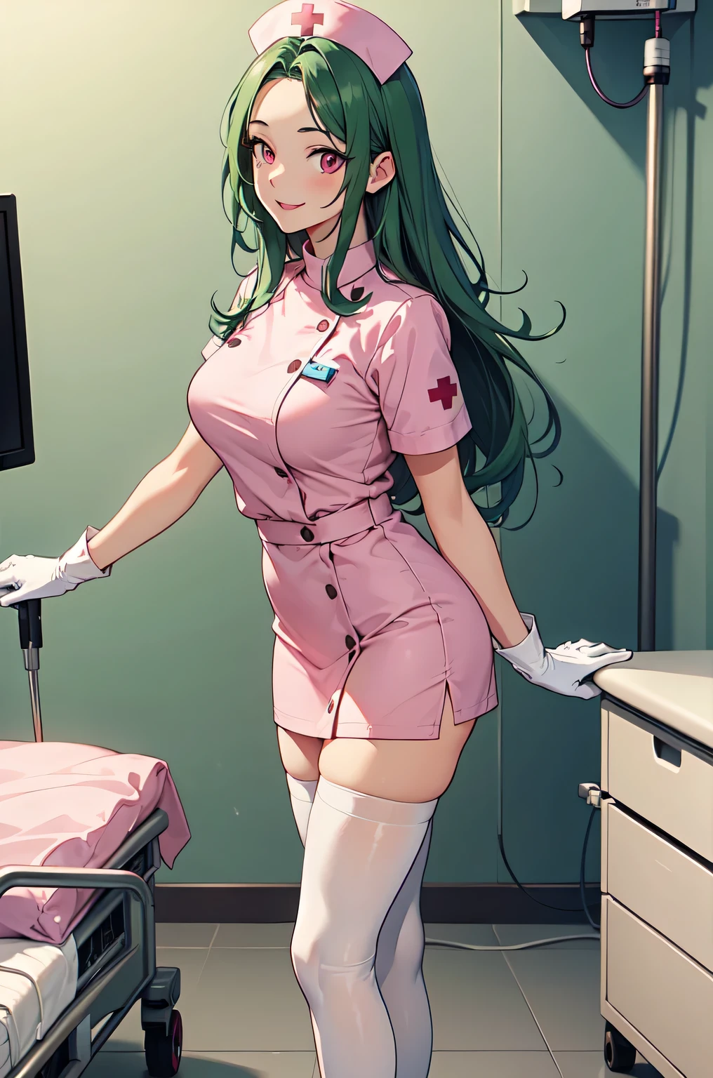 1woman, solo, nurse, white nurse cap, white nurse uniform, ((white legwear, zettai ryouiki)), white gloves, forehead, long hair, green hair, pink eyes, pink lips, smile, standing, ((hospital room)), sharp outline, short sleeves, mature female, 35 years old, best quality, masterpiece