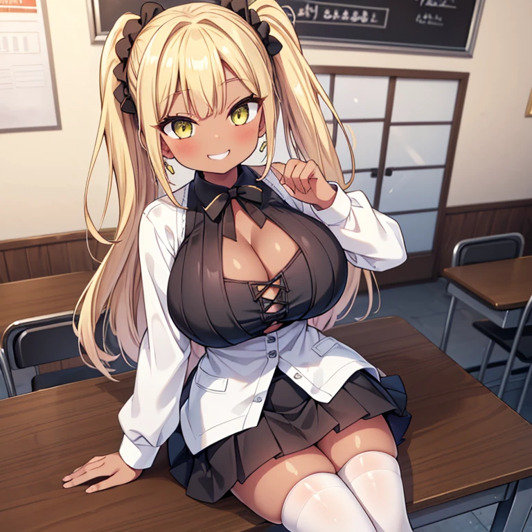 (Cute eyes:1.2), (Sparkling eyes:1.2), (8k、Best image quality、highest quality、masterpiece)、Detailed face、(2 girls)、Improve、((Brown Skin:1.3))、blonde、Low Ponytail、Scrunchie、Yellow Eyes、Earrings、Wicked Smile、((Grin))、(glamorous:1.1), (Huge breasts)、((White collared shirt))、(Cleavageカットアウト)、Cleavage、((Black pleated skirt))、((mini skirt))、White socks、loafers、Sit on a chair、whole body、Shooting from above、Classroom Background、 (Black Stockings:1.1), (Thighs), (Waistline),(((Showing off her boobs and pussy、A costume that&#39;s practically naked)))