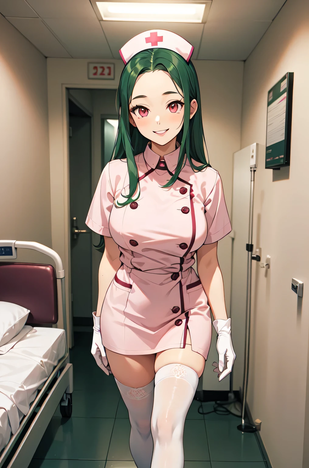 1woman, solo, nurse, white nurse cap, white nurse uniform, ((white legwear, zettai ryouiki)), white gloves, forehead, long hair, green hair, pink eyes, pink lips, smile, standing, ((hospital room)), sharp outline, short sleeves, mature female, 35 years old, best quality, masterpiece