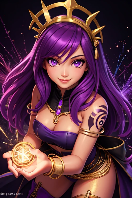 (best quality:1.3), (4K quality),masterpiece, best quality, high res, detailed, (Detailed face:1.2), (Detailed eyes:1.2), solo, 1girl, 25 year old woman, Sorceress, Fantasy, (Dark Skin:1.4), Purple eyes, Purple Hair, Pink Hair, Long Hair, covered in tattoos, (Wearing: strapless top, loincloth, golden bracelets, golden head piece, knee high boots:1.2), looking at viewer with an amused smile, both hands glowing bright purple, purple magic, bright purple sparks in both hands, style artgerm, extremely detailed artgerm,