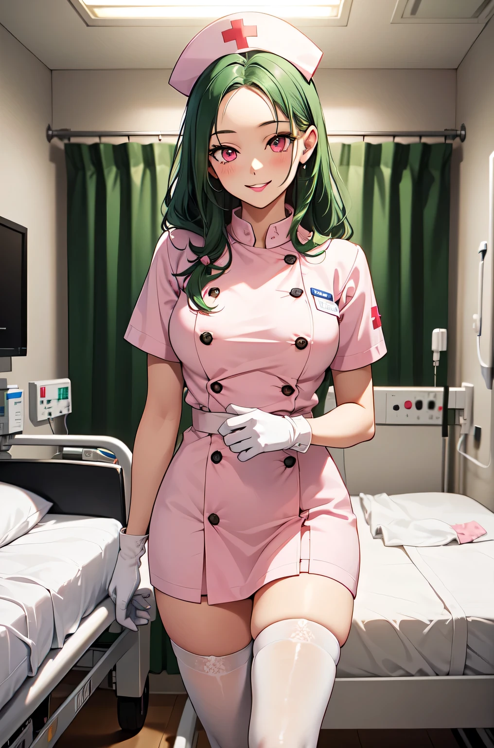 1woman, solo, nurse, white nurse cap, white nurse uniform, ((white legwear, zettai ryouiki)), white gloves, forehead, long hair, green hair, pink eyes, pink lips, smile, standing, ((hospital room)), sharp outline, short sleeves, mature female, 35 years old, best quality, masterpiece