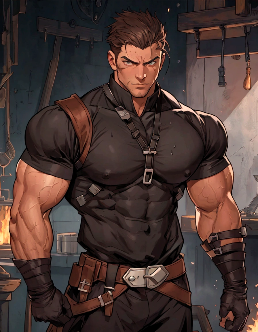solo,scar,blacksmith,With a hammere,at work,sweat,A man in a shirt stands in the room, muscular! muscular male hero, muscular!! Science Fiction, muscular character, muscular!!, Armor! muscular, Medium shot of handsome guy, Anime handsome man, Tall anime man with brown eyes, muscular!, gigachad muscular