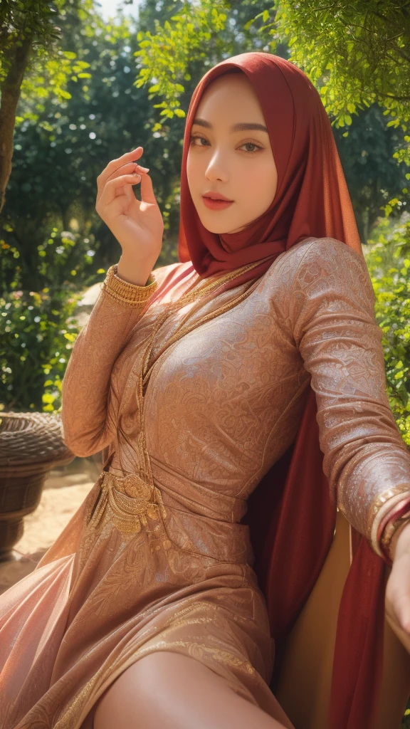 1girl, beautiful detailed eyes, beautiful detailed lips, extremely detailed face, hijab, long dark hair, soft warm lighting, sunlit garden, lush foliage, serene atmosphere, intricate floral pattern, ornate jewelry, delicate skin, calming color palette, (best quality,4k,8k,highres,masterpiece:1.2),ultra-detailed,(realistic,photorealistic,photo-realistic:1.37),vibrant colors, cinematic lighting, portrait, digital painting