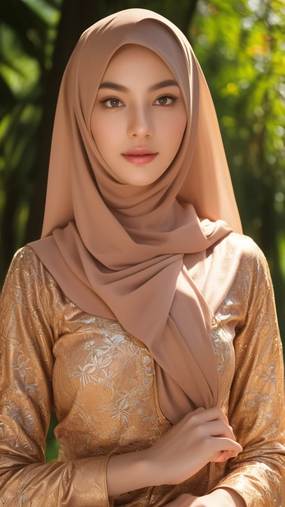 1girl, beautiful detailed eyes, beautiful detailed lips, extremely detailed face, hijab, long dark hair, soft warm lighting, sunlit garden, lush foliage, serene atmosphere, intricate floral pattern, ornate jewelry, delicate skin, calming color palette, (best quality,4k,8k,highres,masterpiece:1.2),ultra-detailed,(realistic,photorealistic,photo-realistic:1.37),vibrant colors, cinematic lighting, portrait, digital painting