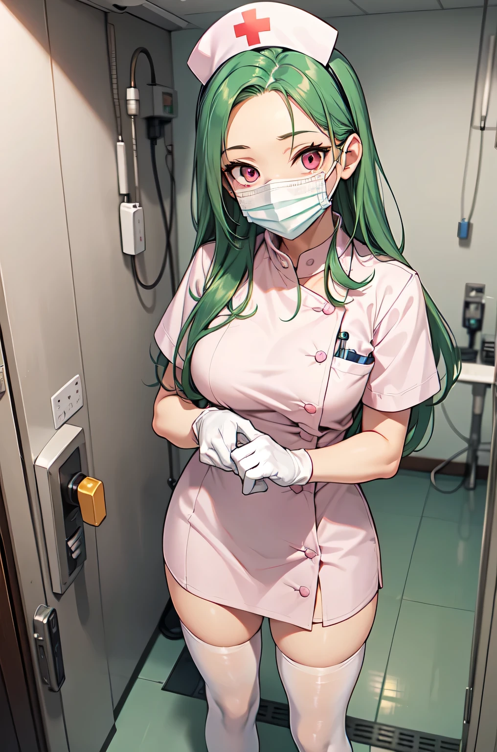 1woman, solo, nurse, white nurse cap, white nurse uniform, ((white legwear, zettai ryouiki)), white gloves, forehead, long hair, green hair, pink eyes, ((white surgical mask, covered nose)), standing, ((hospital room)), sharp outline, short sleeves, mature female, 35 years old, best quality, masterpiece