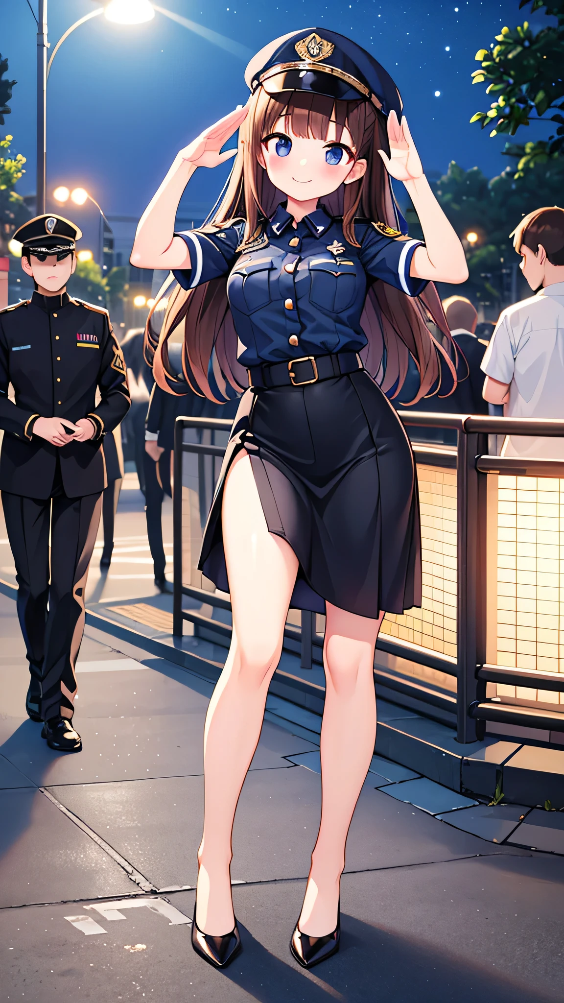 {highest quality], [Super beautiful], [Ultra fine], [Best illustration], NSFW,Brown Hair, Hime cut, Long Hair, With bangs, girl, Uniform cap,Security uniform, smile, blush, Slender women,Short sleeve,Long straight skirt, Adult women,salute,(Public）Night Park, diagonal,Bare feet and pumps, Plain black pumps