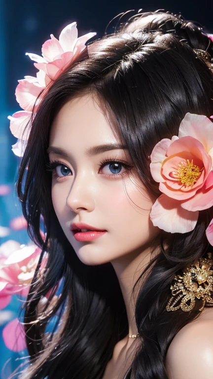 stunning beauty, Aesthetic, Oil painting style, thick coating, Women with incomparable style, Exquisite facial makeup, Black hair, long hair and waist, long eyelashes, Dark brown pupil eyes, exquisite nose, Lip balm, Inseparable strands, Beautiful posture, Graceful curves, Plump ideal type, Super special exaggerated huge breast weight, Bold, Elegant, Extravagant artistic acts, romanticism, (Fractal Art), Vibrant colors, Sunny glare smooth skin, Professional photo close-ups, Brutalist design, Explore Victoria's Secret, blush, flower petals, Vivid colors, The most beautiful chaotic shapes, Colorful, Colorful and magnificent, From above, from the front side