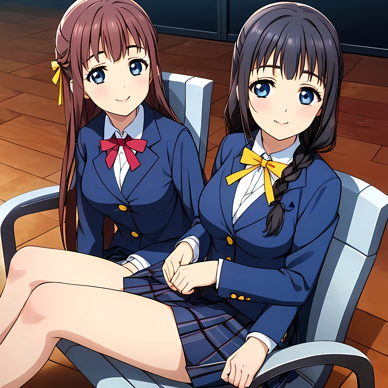 (highest quality, masterpiece:1.2), highest quality, High resolution, 1080p, 8K, Height: 158cm, High-definition anime-style CG, ((The game heroine is a very intelligent, very noble, pretty and neat beautiful girl sitting in a transparent chair.、Looking back and smiling gently)), He tries to hide his shocked mouth with his hands., A face that everyone loves, Glossy lips, Even bangs, Double, Long eyelashes on both the top and bottom, Wide-open blue eyes, detailed in detail, The very large red shiny wide ribbon bowtie is very cute., ((Black Hair)), ((long twin braids)), (((A long, neat, dark navy blue checked pleated skirt))), (((Dark blue winter long sleeve blazer))), How to wear a neat uniform, Extremely lustrous, shiny game heroine lips, Mouth open, Ribbon in hair, Tight waist, slender, The ribbon is big and very pretty., Beautiful hair like a hair model, Transparent Background