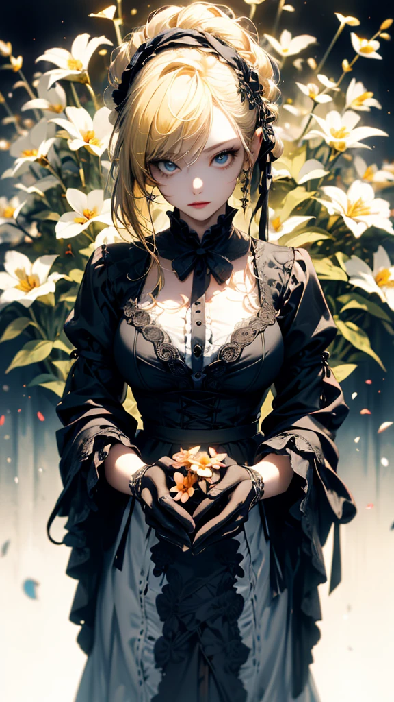 masterpiece, high quality, 4K, Beautiful design, silhouette，blonde， Very detailed，in the garden， wonderful, Finer details,  Very knowledgeable woman, Very detailedソロ, 1 female,Big Breasts，Watering the flowers，Gothic Lolita Fashion，