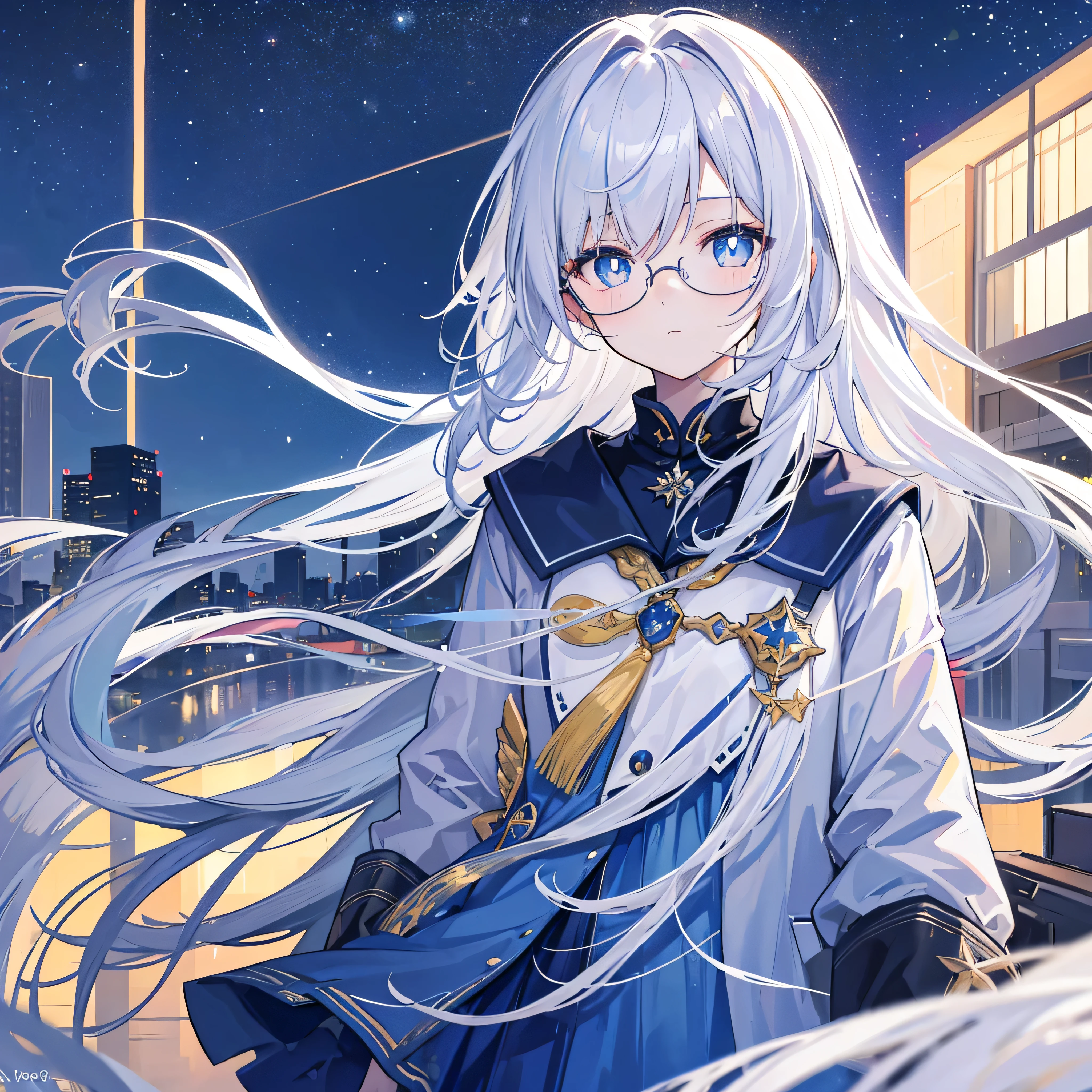 long shot,Overlooking,Depth of Field,masterpiece,best quality,4k,A 16-year-old girl(White long hair,Blue pupils,Glasses,Student clothing,),The Peak,night,Starry Sky,Distant city,The overall hue is bluish