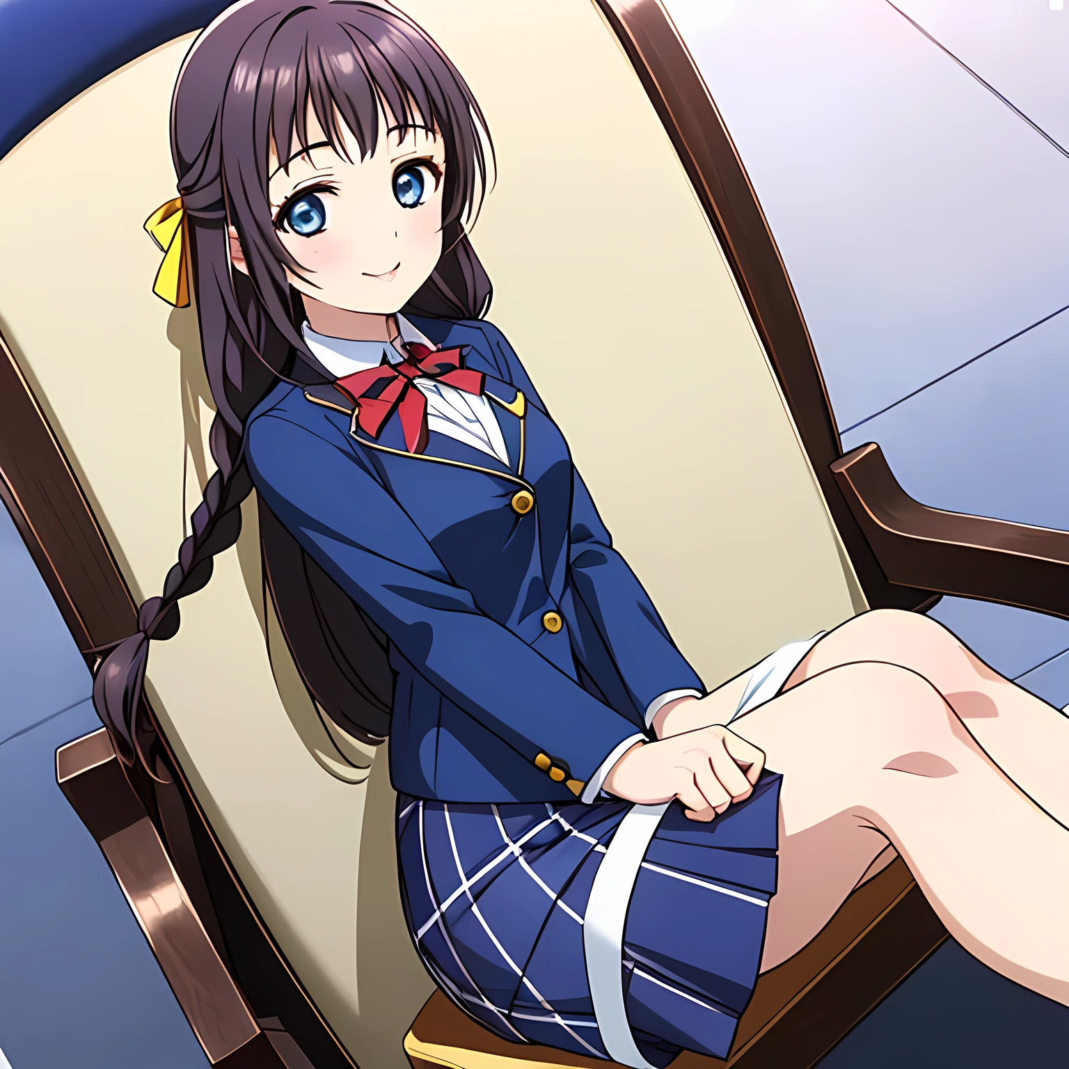 (highest quality, masterpiece:1.2), highest quality, High resolution, 1080p, 8K, Height: 158cm, High-definition anime-style CG, ((The game heroine is a very intelligent, very noble, pretty and neat beautiful girl sitting in a transparent chair.、Looking back and smiling gently)), He tries to hide his shocked mouth with his hands., A face that everyone loves, Glossy lips, Even bangs, Double, Long eyelashes on both the top and bottom, Wide-open blue eyes, detailed in detail, The very large red shiny wide ribbon bowtie is very cute., ((Black Hair)), ((long twin braids)), (((A long, neat, dark navy blue checked pleated skirt))), (((Dark blue winter long sleeve blazer))), How to wear a neat uniform, Extremely lustrous, shiny game heroine lips, Mouth open, Ribbon in hair, Tight waist, slender, The ribbon is big and very pretty., Beautiful hair like a hair model, Transparent Background