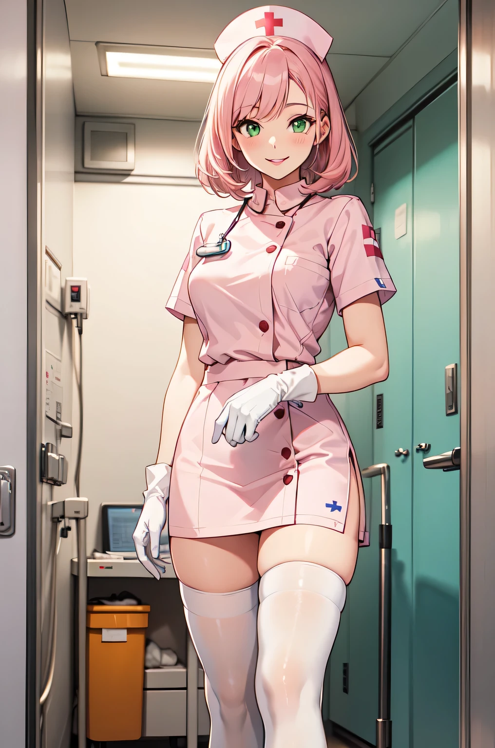 1woman, solo, nurse, white nurse cap, white nurse uniform, ((white legwear, zettai ryouiki)), white gloves, pink hair, green eyes, drooping eyes, pink lips, smile, standing, ((hospital room)), sharp outline, short sleeves, mature female, 32 years old, best quality, masterpiece