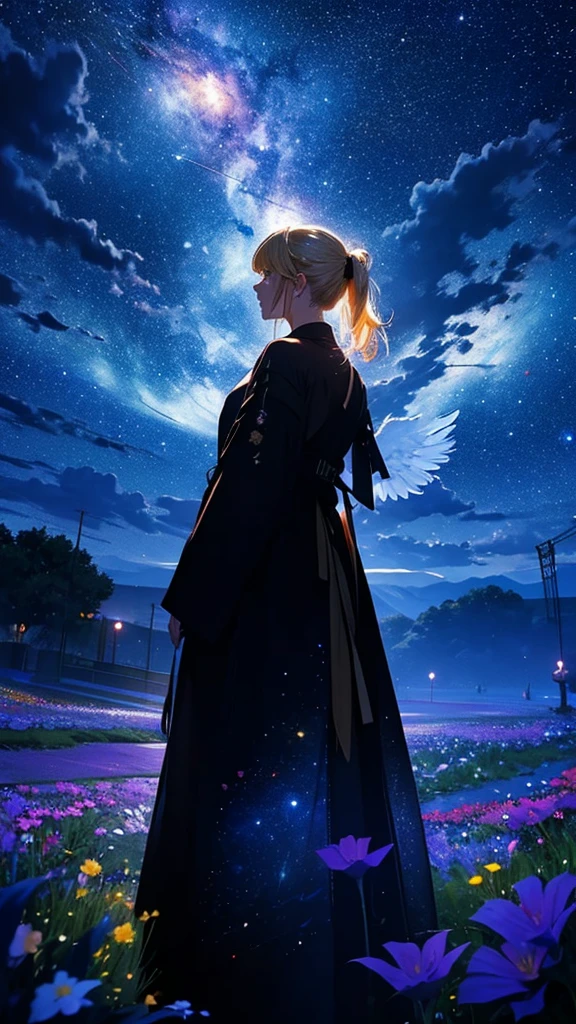 １people々々々々々,Blonde ponytail female angel，Long coat， Dress Silhouette， Rear View，Space Sky, Flower Field，Colorful flowers，night，Crescent Moon，