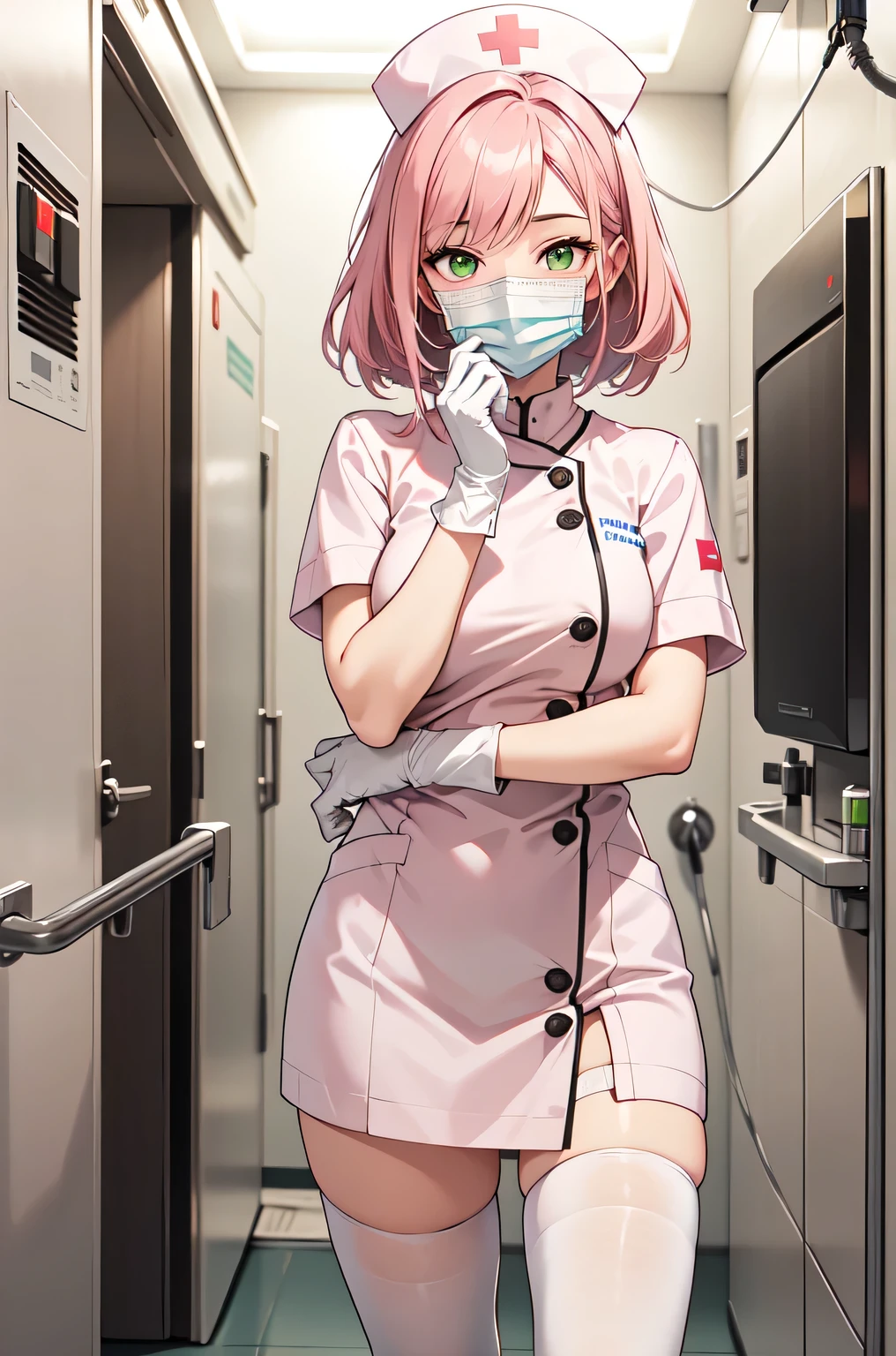 1woman, solo, nurse, white nurse cap, white nurse uniform, ((white legwear, zettai ryouiki)), white gloves, pink hair, green eyes, drooping eyes, ((white surgical mask, covered nose)), standing, ((hospital room)), sharp outline, short sleeves, mature female, 32 years old, best quality, masterpiece