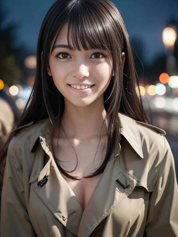 (Close-up of a girl is、Shooting with long hair,Blunt bangs,Naked under a trench coat:1.5)、(Shy smiling girl)、(Winter night street corner and Christmas illuminations:1.1)、(Perfect Anatomy:1.3)、(Full Finger:1.3)、Realistic、photograph、Tabletop、highest quality、High resolution, Delicate and beautiful、Perfect Face、Beautiful fine details、Fair skin、pores、((Thin legs))、(Black Hair)