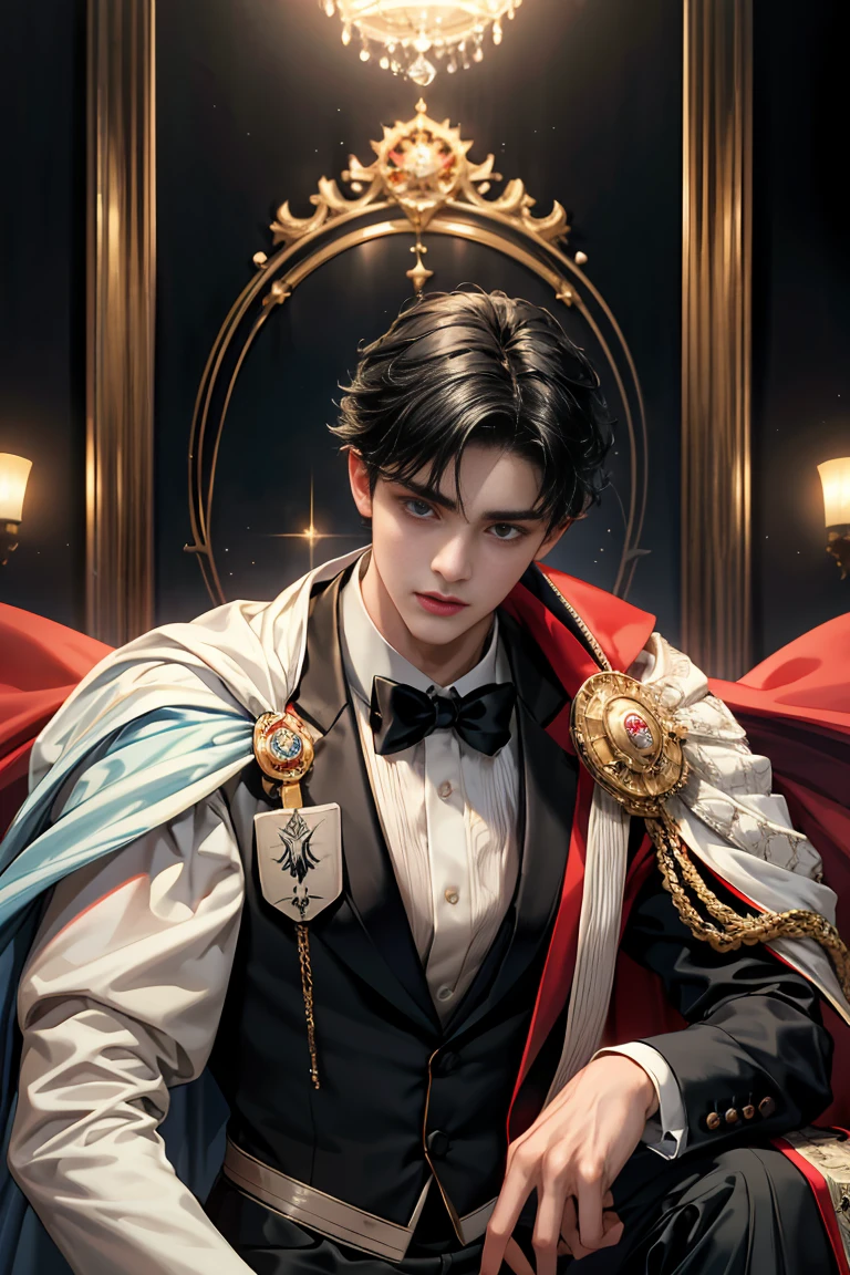 masterpiece, 最high quality, high quality, 1 boy, alone, Male focus, Watching the audience, Messy black hair, Adorable big blue eyes, White, Noble, Noble,Sexy voluminous cape、Tuxedo、A very voluminous, large, very large, very large, long, long red and black cape with a high stand-up collar, reaching down to the floor, made of a lot of fabric., 17 years old,Cute beautiful boys,Cute, cute, kind, handsome guy
