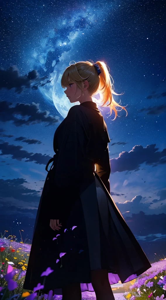 1people々々々々々,Blonde ponytail female angel,Long coat, Dress Silhouette, Rear View,Space Sky, Flower Field,Colorful flowers,night,Crescent Moon,