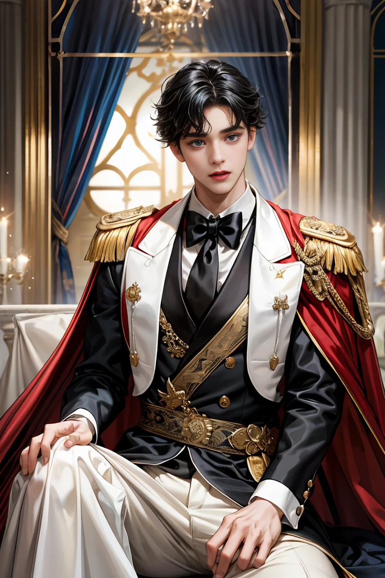 
masterpiece, 最high quality, high quality, 1 boy, alone, Male focus, Watching the audience,  Messy black hair, Adorable big blue eyes, White, Noble, Noble,Sexy voluminous cape、Tuxedo、A very voluminous, large, very large, very large, long, long red and black cape with a high stand-up collar, reaching down to the floor, made of a lot of fabric., 17 years old,Cute beautiful boys,Cute, cute, kind, handsome guy