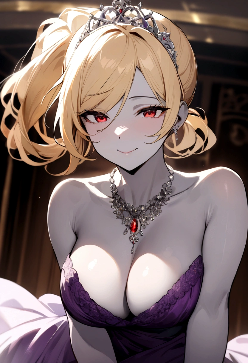 (masterpiece), best quality, expressive eyes, perfect face, a woman is in a long gown and wearing white gloves, 1girl, solo, breasts, purple dress, long hair, large breasts, tiara, red eyes, cleavage, smile, blonde hair, jewelry, bare shoulders, ponytail, grey colored skin, necklace,