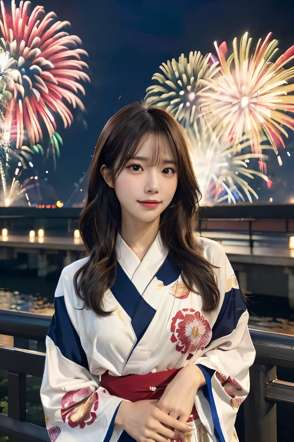 Detailed Yukata, (((Fireworks set off in the background))), (highest quality,masterpiece:1.3,超A high resolution,),(Very detailed,Caustics),(Realistic:1.4,RAW shooting,)Ultra-Realistic Capture,Very detailed,High resolution 16K suitable for human skin、 Natural skin texture、、Skin tone is even and healthy looking、 Use natural light and color,One Woman,Japanese,,cute,Medium Hair,(Written boundary depth、chromatic aberration、、Wide range of lighting、Natural Shading、)、(Outdoor lighting at night:1.4)、(Hair swaying in the wind:1)、（Exposure:3.0）