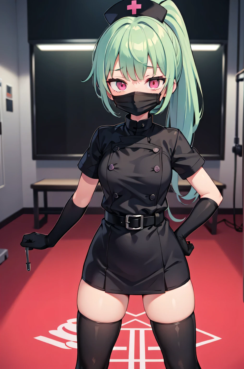 black nurse, 1girl, solo, black nurse cap, black nurse uniform, ((black legwear, zettai ryouiki)), black elbow gloves, ponytail, green hair, pink eyes, ((black surgical mask, covered nose)), standing, ((surgery room)), sharp outline, short sleeves, best quality, masterpiece