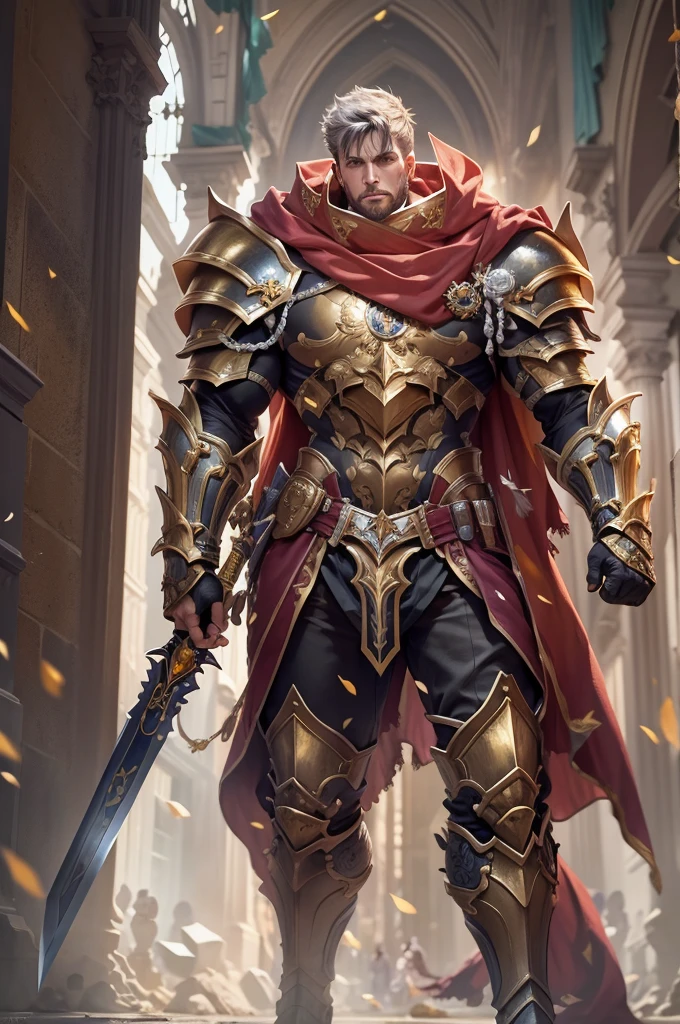 8K,paladin with sword,Gorgeous extra large armor(The elaborately crafted coat of arms of a nobleman),classy pants,ultra high resolution,surreal,realistic skin,Black hair short hair,big red eyes,muscular body,Purfluz,background,battlefield,ornate waist armor,delicate hands, Perfect hand shape,fantasy art,character art,Battle scenes,action scene,action pose,paladin,masterpiece,Realistic RAW photos of the highest quality。bright colors,rich colors, backlight, movie lights, film grain, born, 50mm lens, Nikon D850,realistic skin,fantasy art,character art,ultra high resolution,realistic scale skin,forage,Severely torn abdominal muscles,golden eyes(golden glitter effect),Severely torn abdominal muscles,laugh,dynamic pose,action pose,holding it for a long time, bayonet,