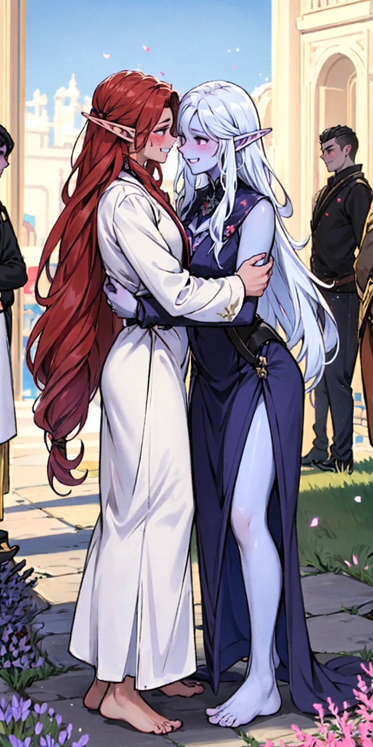 Body position: Standing, straight, symmetrical, barefoot, Lustful smile on face with red blush, 2 girls who gets married and stands in front of many people, kissing, purple skin drow elves