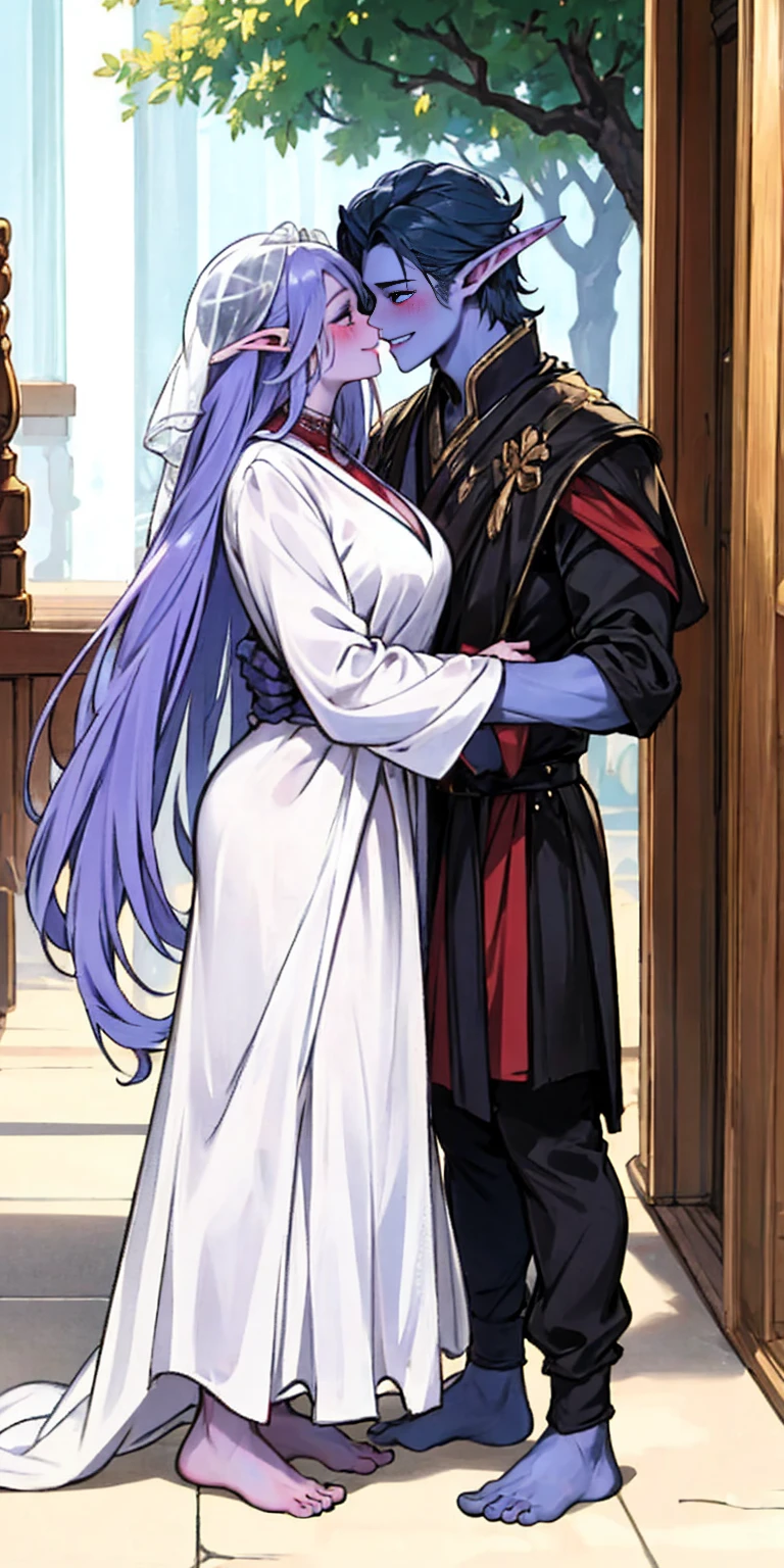 Body position: Standing, straight, symmetrical, barefoot, Lustful smile on face with red blush, 2 girls who gets married and stands in front of many people, kissing, purple skin drow elves